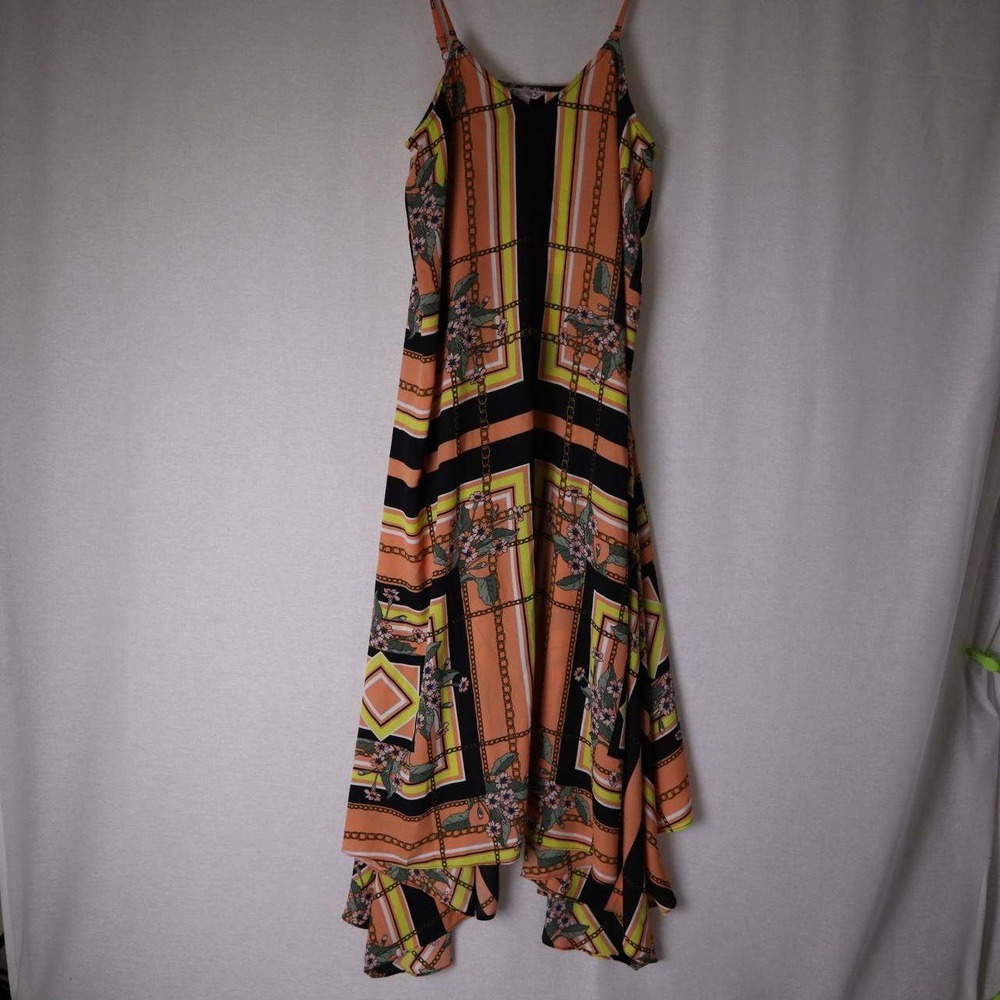 Nanette Lepore Womens Scarf Print Handkerchief Hem Midi Dress Orange Black Sz 10